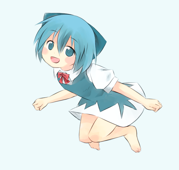 1girl, :d, barefoot, blue_eyes, blue_hair, blush, bow, cirno