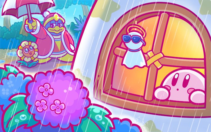 1boy, bird, blush_stickers, cool_spook, flower, hat, hydrangea, king_dedede, kirby, kirby_(series), looking_at_another, looking_up, lovely_(kirby), nintendo, no_humans, official_art, penguin, rain, robe, sunglasses, teruterubouzu, umbrella