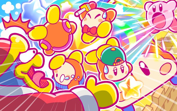 1boy, backwards_hat, baseball_cap, beanie, bird, blush_stickers, boom_microphone, bow, bowtie, car, closed_eyes, ground_vehicle, hat, jitome, king_dedede, kirby, kirby's_blowout_blast, kirby_(series), microphone, motor_vehicle, nintendo, no_humans, official_art, open_mouth, penguin, robe, spitting, star, surprised, sweatdrop, tears, tongue, tongue_out, waddle_dee