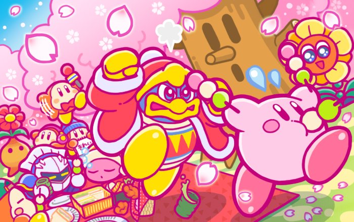 2boys, backwards_hat, baseball_cap, beanie, bird, blanket, blush_stickers, bow, bowtie, bulby_(kirby), cherry_blossoms, closed_eyes, cup, dango, fleeing, flower, food, hanami, hat, headphones, king_dedede, kirby, kirby_(series), looking_at_another, lovely_(kirby), mask, meta_knight, microphone, multiple_boys, nintendo, no_humans, noddy_(kirby), obentou, official_art, penguin, petals, picnic, plate, robe, sanshoku_dango, sleeping, smile, tree, waddle_dee, wagashi, whispy_woods, yunomi