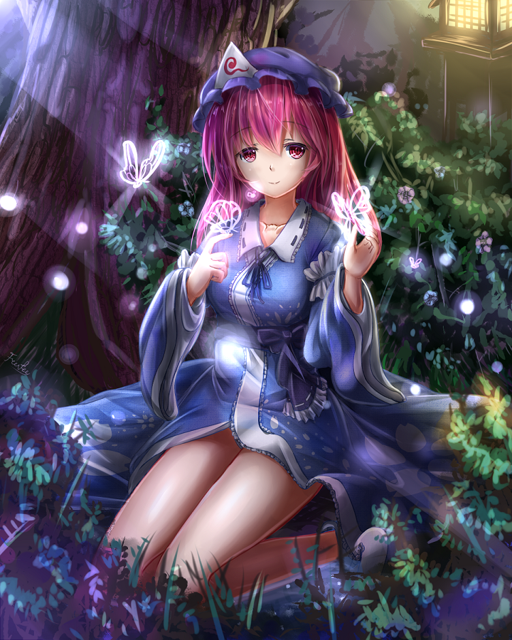 1girl, alternate_hair_length, alternate_hairstyle, bush, butterfly, butterfly_on_hand, fii_fii_(feefeeowo), fireflies