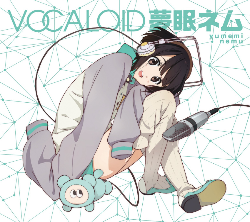 1girl, album_cover, black_hair, brown_eyes, character_name, copyright_name, cover, hands_in_sleeves, headphones, highres, horiguchi_yukiko, jacket, letterman_jacket, looking_at_viewer, microphone, official_art, oversized_clothes, ribbed_legwear, shoes, short_hair, shorts, sitting, sleeves_past_wrists, smile, solo, tanuki, tanuqn, thigh-highs, vocaloid, yumemi_nemu