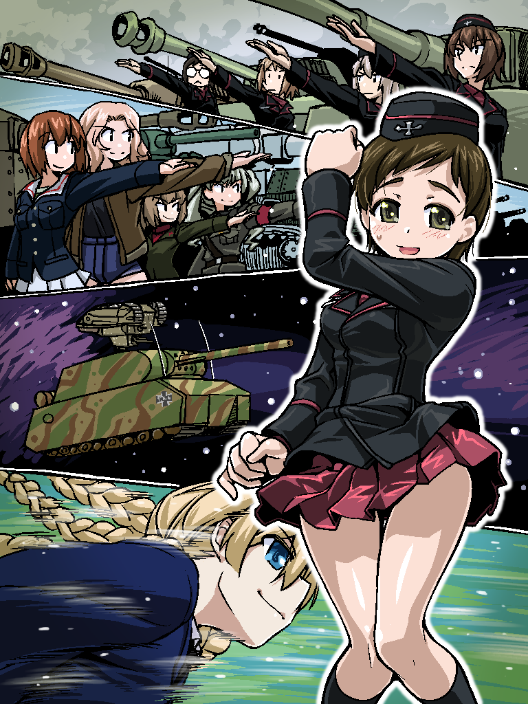 6+girls, alternate_hairstyle, anchovy, bangs, belt, black_hat, black_jacket, black_legwear
