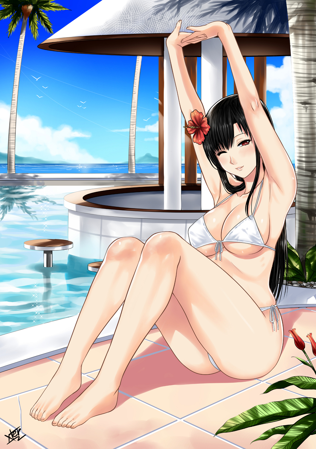 1girl, ;), armpits, arms_up, bare_arms, bare_legs, bare_shoulders, barefoot