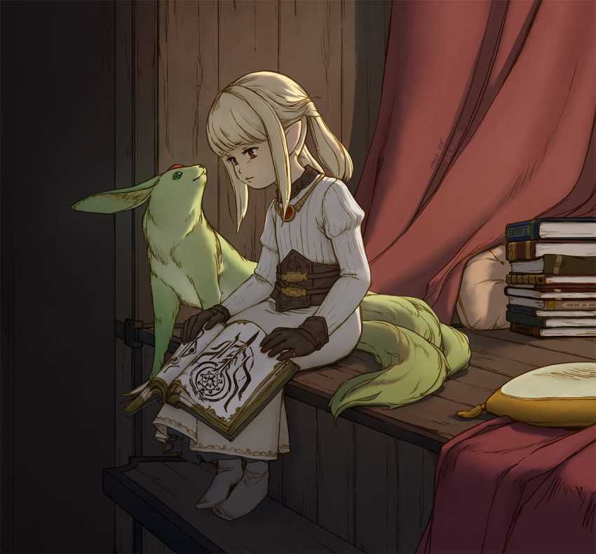 1girl, ange_vie, blonde_hair, book, carbuncle_(final_fantasy), final_fantasy, final_fantasy_xiv, gloves, indoors, jewelry, lalafell, open_book, pointy_ears, red, ring, short_hair, sitting, solo
