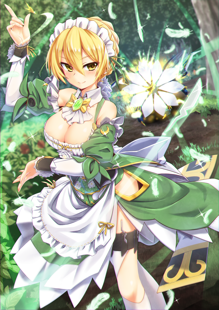 1girl, apron, blonde_hair, braid, breasts, brooch, cleavage, cropped_legs
