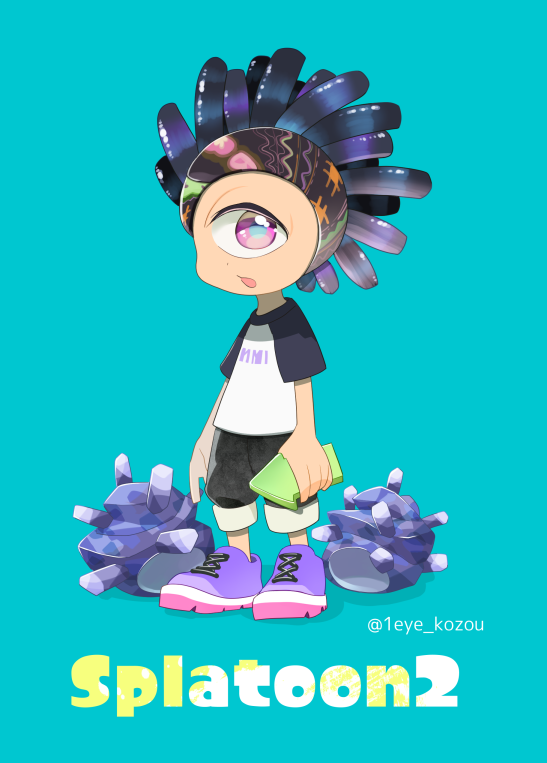 1boy, blue_background, cellphone, copyright_name, cyclops, full_body, headband, male_focus, one-eyed, pants, pants_rolled_up, phone, raglan_sleeves, sea_urchin, shoes, shorts, simple_background, smartphone, sneakers, solo, spiky_(splatoon), splatoon, super_sea_snail