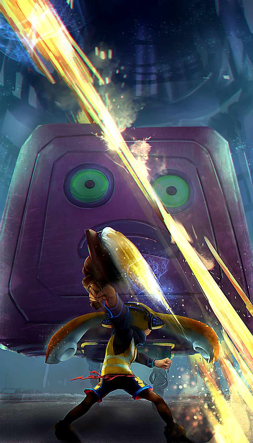 1girl, attack, battle, black_eyes, black_jacket, black_legwear, black_shoes, black_shorts, clenched_hand, death, facing_away, from_behind, full_body, green_sclera, headset, high-visibility_vest, highres, holding, holding_weapon, inkling, jacket, kashu_(hizake), legs_apart, long_hair, long_sleeves, mighty_octostomp, monster_girl, motion_blur, octarian, octobrush_(splatoon), octostamp, orange_hair, outstretched_arm, shoes, shorts, splatoon, squidbeak_splatoon, standing, tentacle_hair, thigh-highs, weapon, wide-eyed, yellow_vest