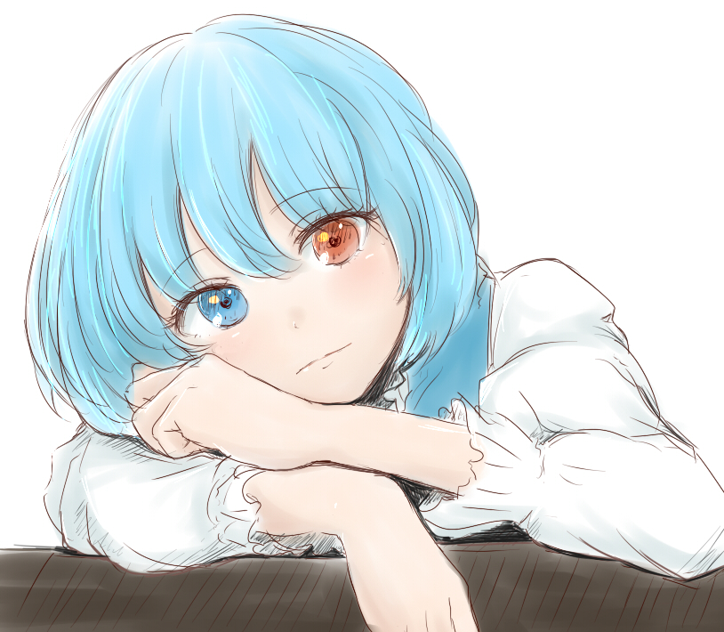 1girl, arm_pillow, blue_eyes, blue_hair, blue_vest, frilled_cuffs, frilled_shirt_collar, frills