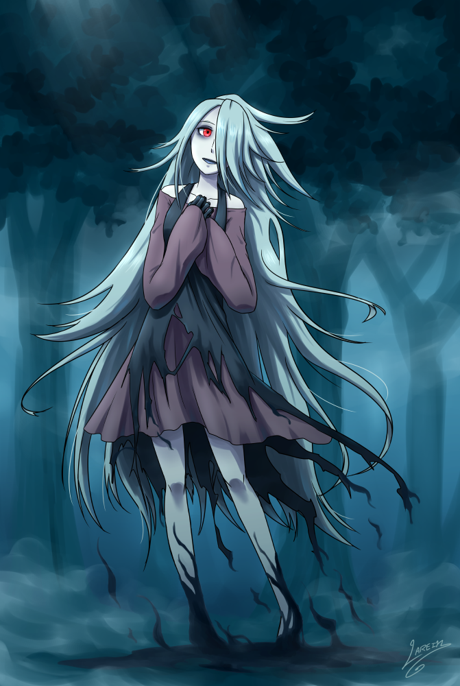 banshee, bare_shoulders, black_apron, black_gloves, blue_hair, commentary, dress, forest, full_body, gloves, hair_over_face, hair_over_one_eye, hands_on_own_chest, hands_together, head_tilt, lareindraws, long_hair, looking_at_viewer, nature, night, original, outdoors, parted_lips, purple_dress, red_eyes, signature, standing, torn_clothes, very_long_hair