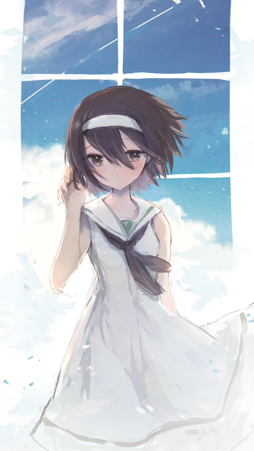 1girl, 32_(rt_32_bbk), absurdres, alternate_hairstyle, bangs, black_hair, brown_eyes, dress, girls_und_panzer, hairband, highres, reizei_mako, short_hair, sky, solo, sundress, white_hairband, window