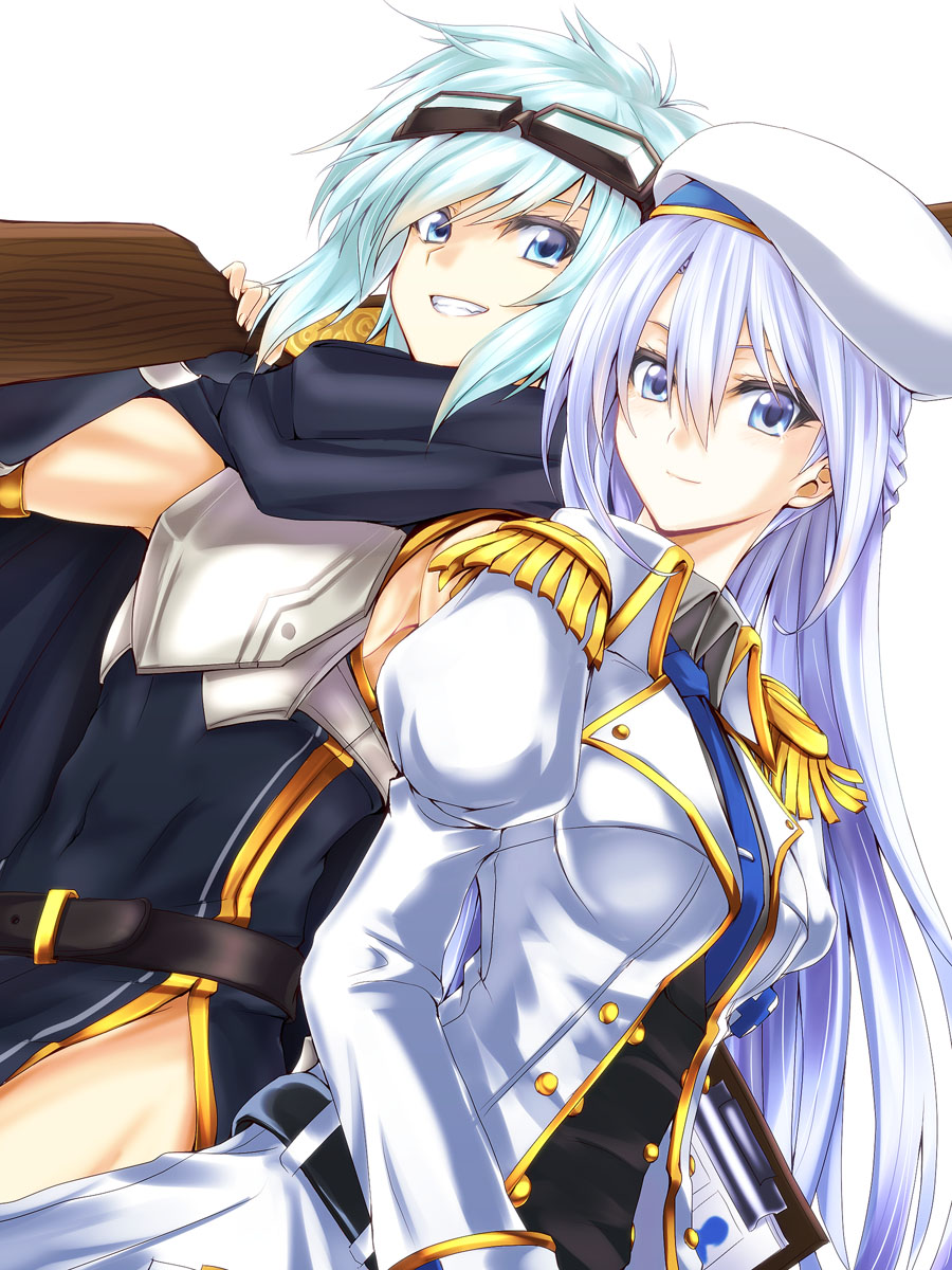 2girls, aqua_hair, belt, blue_eyes, character_request, commentary_request, epaulettes, goggles