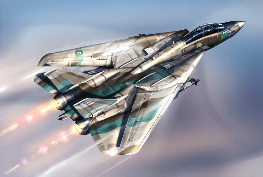 afterburner, aim-9_sidewinder, aircraft, airplane, camouflage, commentary_request, condensation_trail, dated, f-14_tomcat, iranian_flag, islamic_republic_of_iran_air_force, military, military_vehicle, missile, original, pilot, signature, sky, zephyr164