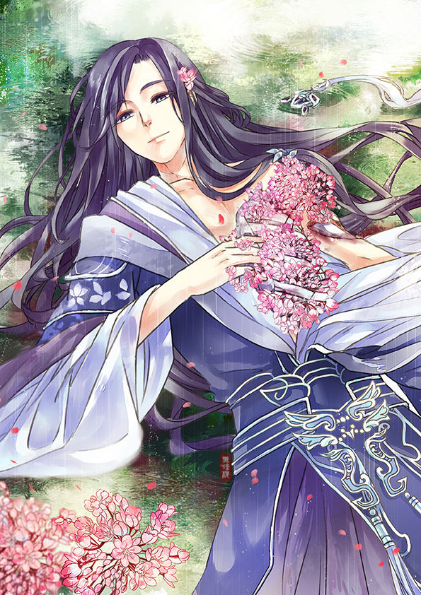 1boy, black_eyes, black_hair, flower, hair_flower, hair_ornament, heijingying, injury, jian_san_tongren, long_hair, looking_at_viewer, lying, male_focus, on_back, ribs