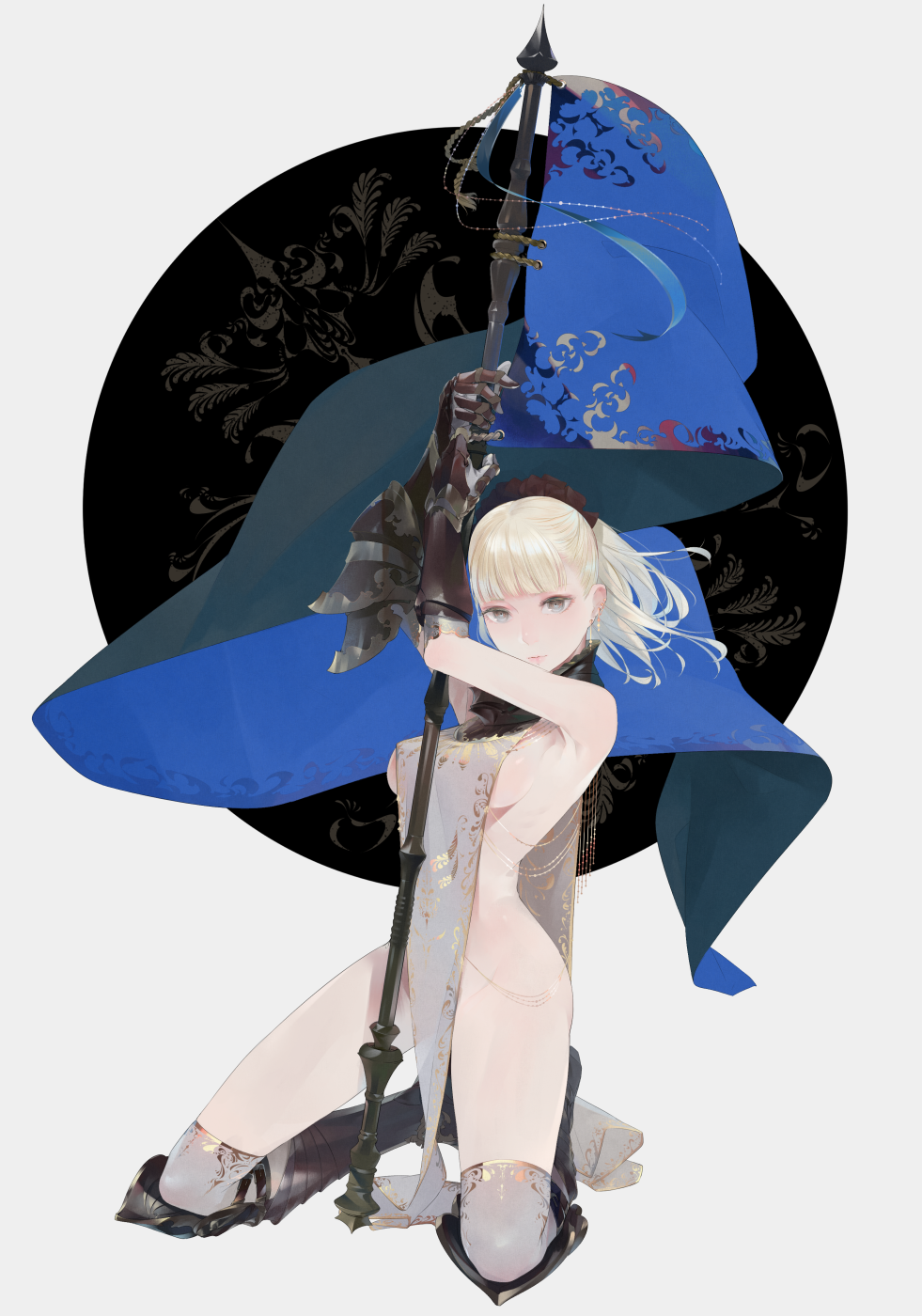 1girl, armor, armored_boots, armpits, arms_up, bangs, blunt_bangs, boots