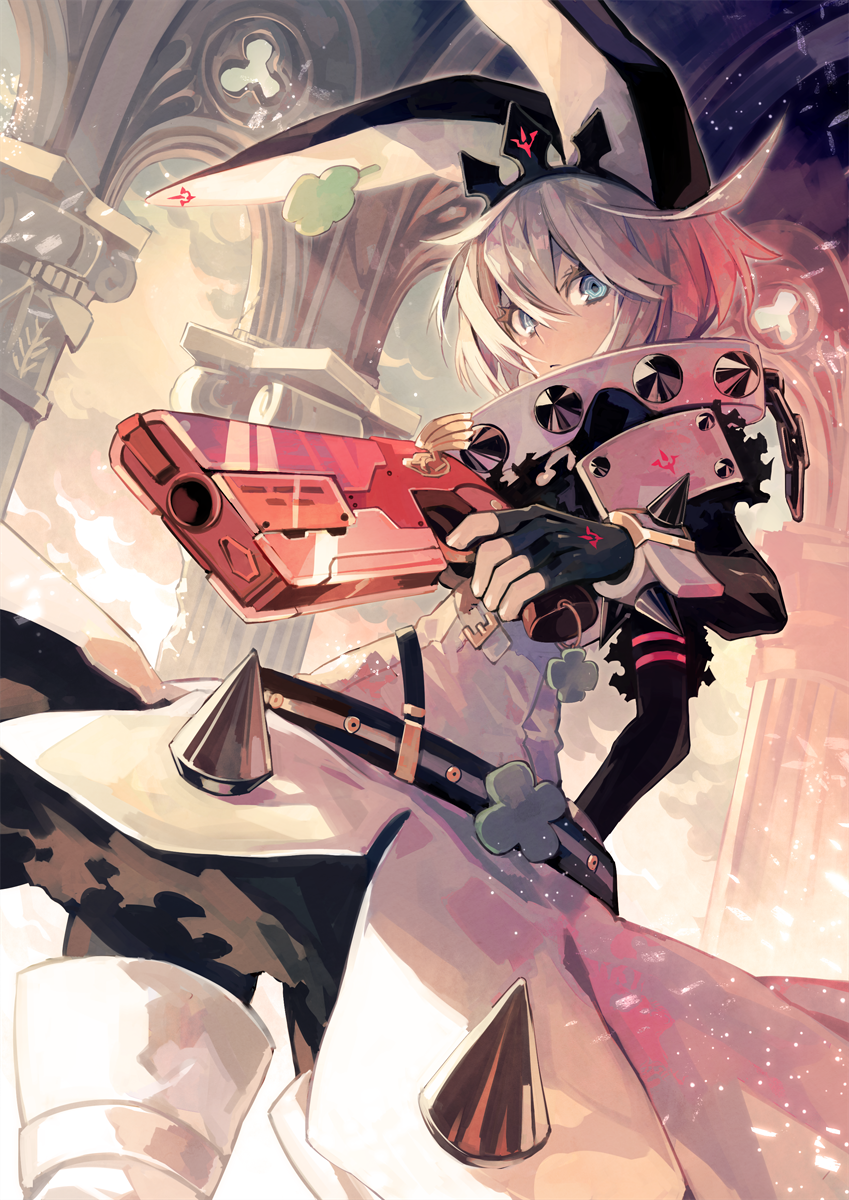 1girl, alternate_color, belt, blue_eyes, dress, elphelt_valentine, gloves, guilty_gear