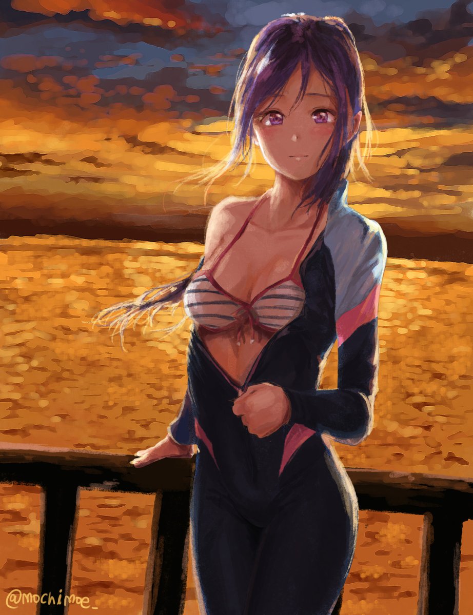 1girl, backlighting, bikini, bikini_top, blue_bodysuit, blush, bodysuit, breasts