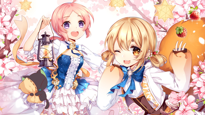 2girls, black_cat, cat, cherry_blossoms, food, fruit, highres, lantern