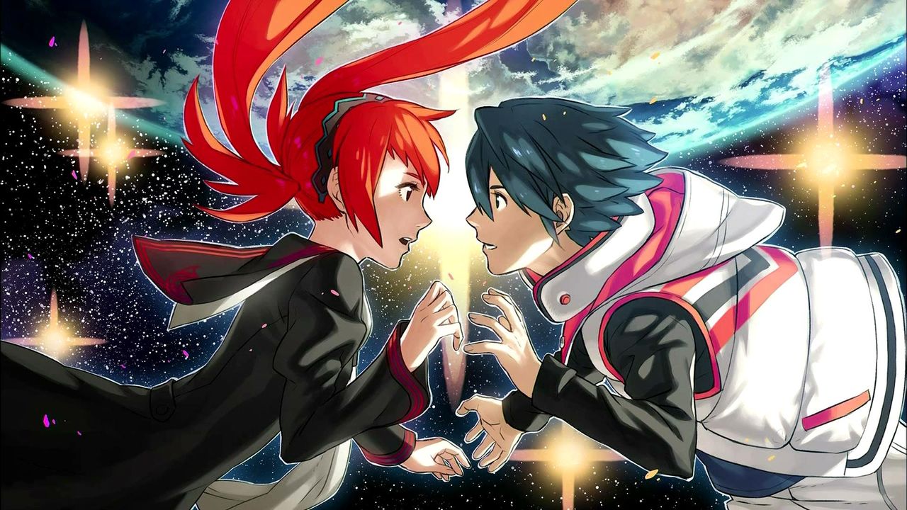 1boy, 1girl, banryuu_reoko, black_hair, black_serafuku, bubuki_buranki, floating, floating_hair