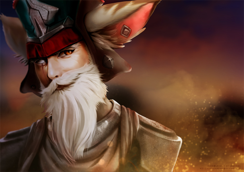 1boy, animal_ears, artist_name, beard, deviantart_username, facial_hair, hat, kled