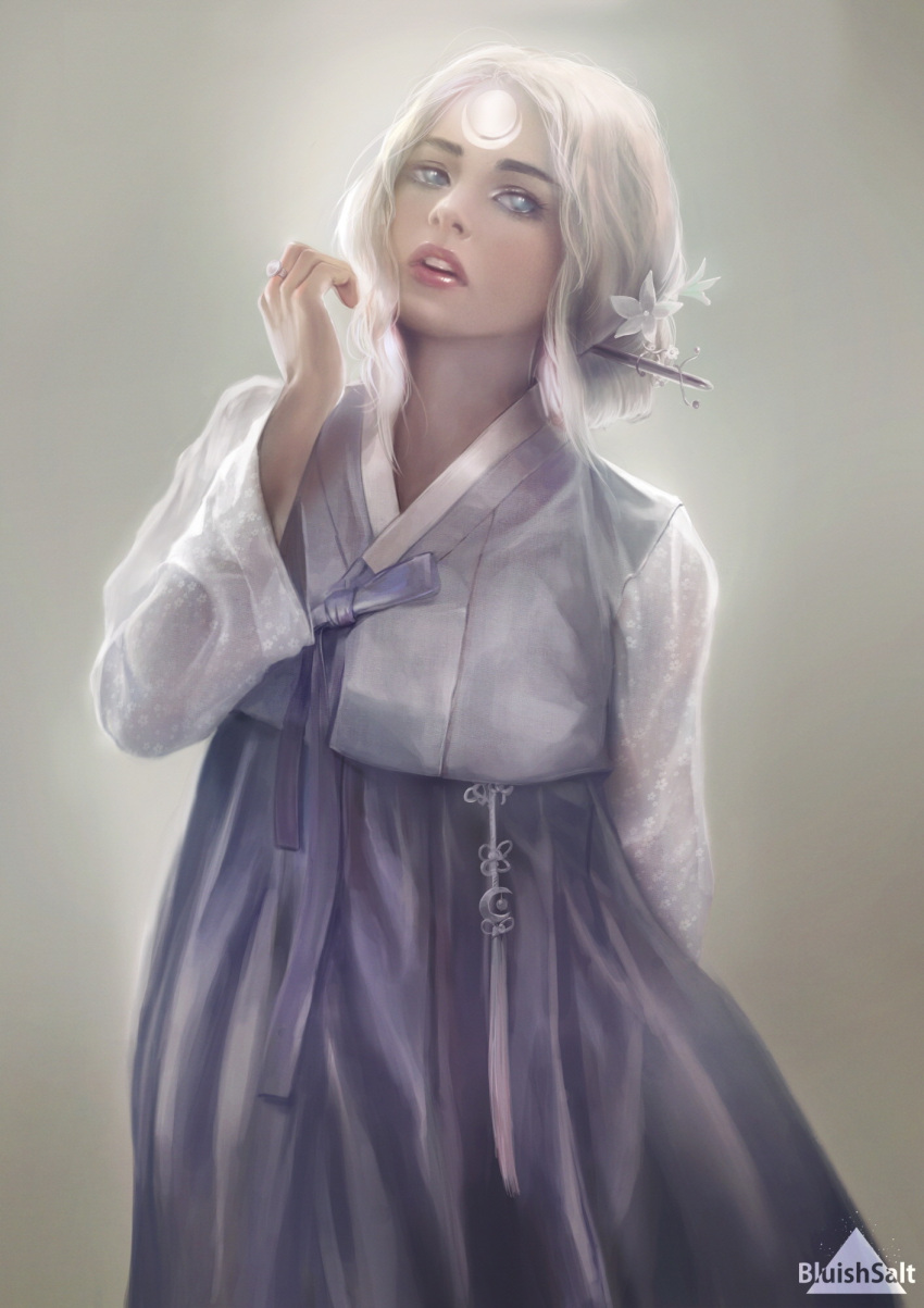 1girl, alternate_costume, alternate_hairstyle, artist_name, bluishsalt, diana_(league_of_legends), facial_mark, flower