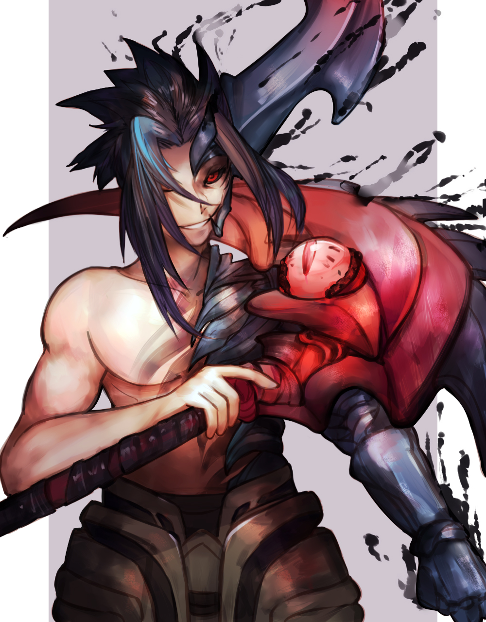 1boy, black_hair, blue_hair, gloves, highres, jaku, kayn, kayn_(league_of_legends), league_of_legends, male_focus, multicolored_hair, one_eye_closed, red_eyes, scythe, shirtless, solo, tattoo, teeth, two-tone_hair, upper_body