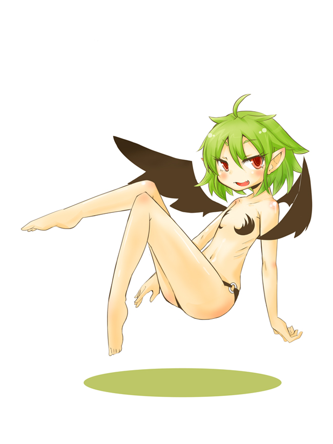 1girl, ahoge, blush, breasts, demon_girl, fang, green_hair, kumakichi