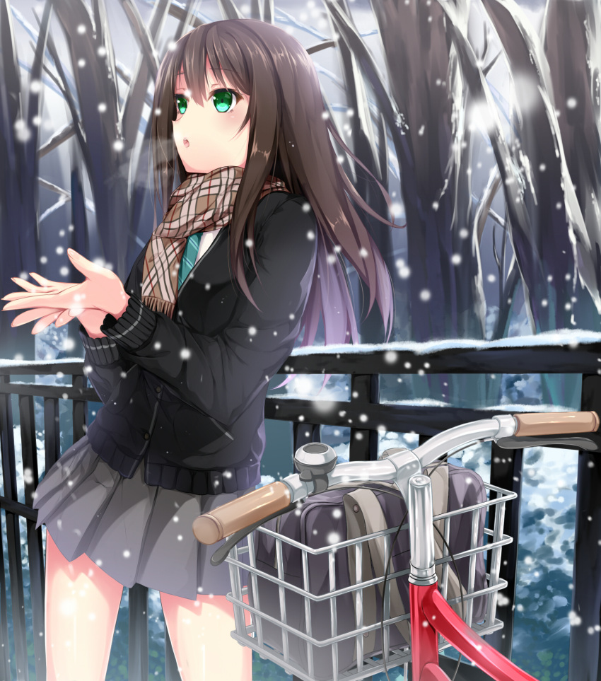 1girl, :o, aqua_eyes, aqua_necktie, bag, bare_tree, bicycle, bicycle_basket