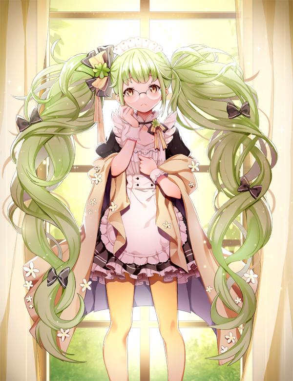 1girl, bow, clover_hair_ornament, four-leaf_clover_hair_ornament, frills, glasses, gotmil, gradient_legwear, green_hair, hair_bow, hair_ornament, long_hair, looking_at_viewer, maid, maid_headdress, orange_legwear, original, solo, twintails, very_long_hair, wavy_hair, window, yellow_eyes