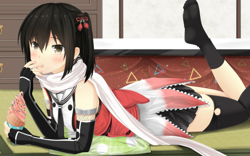 10s, 1girl, black_gloves, black_hair, black_legwear, black_skirt, blush, breasts