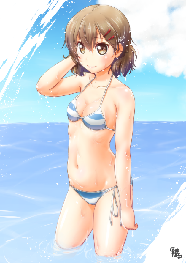 1girl, artist_name, ayama_yuiya, bikini, blue_swimsuit, breasts, brown_eyes, brown_hair, kurei_kei, looking_at_viewer, navel, programming_live_broadcast, pronama-chan, short_hair, side-tie_bikini, small_breasts, solo, striped, striped_bikini, swimsuit, wading, water, wet