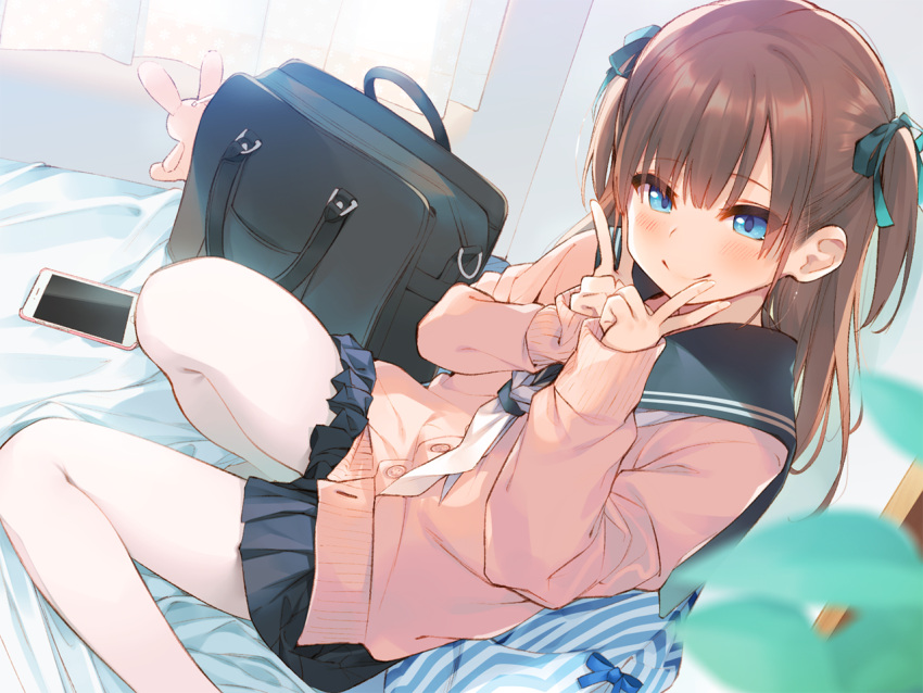 1girl, bag, bangs, bed_sheet, blue_eyes, blue_skirt, blurry, blush