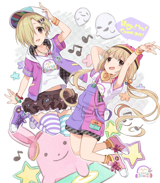 >:d, 2girls, :d, \m/, arm_behind_head, arm_up, bangle, blonde_hair, bracelet, brown_hair, clothes_writing, drawstring, english, eyeball_hair_ornament, futaba_anzu, ghost, hair_ornament, hair_over_one_eye, hairclip, hand_on_headwear, hat, headphones, headphones_around_neck, hood, hoodie, idolmaster, idolmaster_cinderella_girls, jewelry, long_hair, looking_at_viewer, mismatched_legwear, multiple_girls, musical_note, open_mouth, overalls, pendant, shirasaka_koume, shirt, shoes, short_hair, skirt, smile, sneakers, star, striped, striped_legwear, t-shirt, thigh-highs, tko_(mmtmk), twintails, wristband, zettai_ryouiki