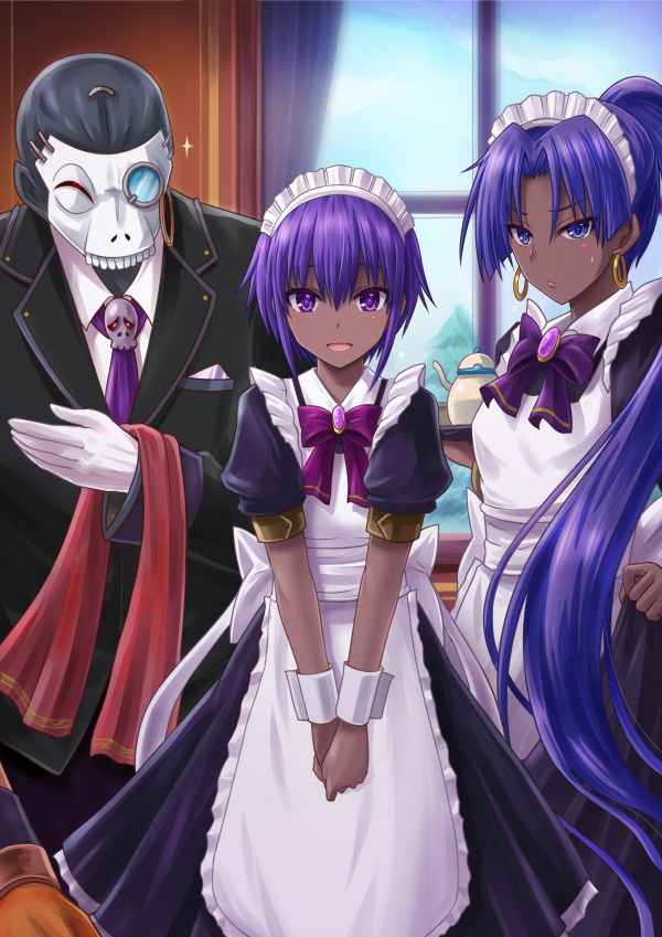1boy, 2girls, alternate_costume, apron, assassin_(fate/prototype_fragments), assassin_(fate/zero), breasts, butler