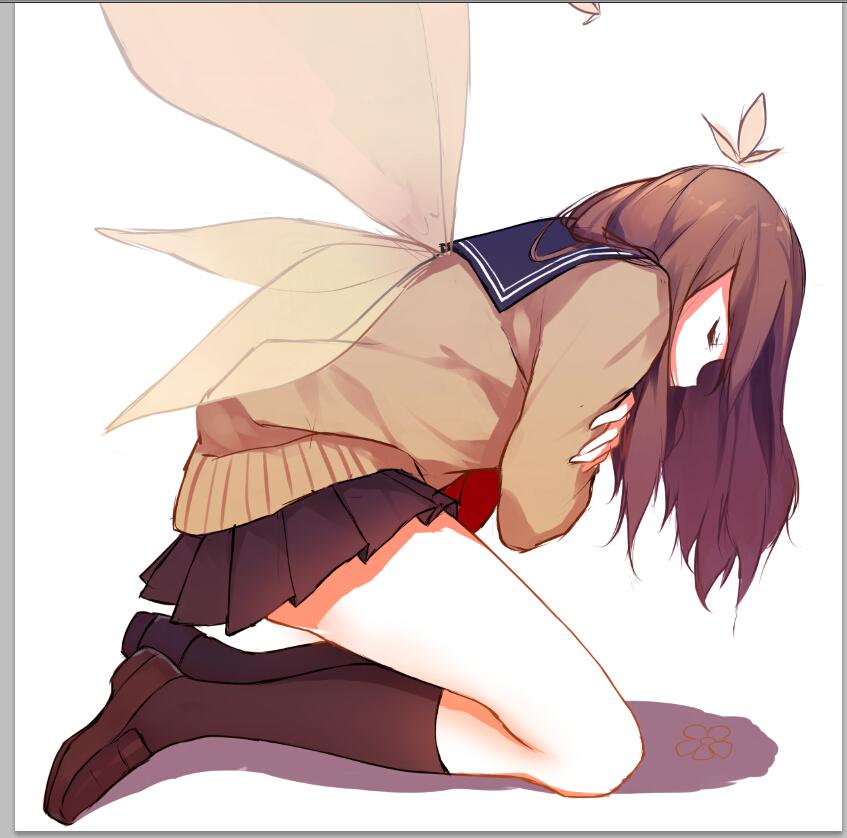 1girl, beige_sweater, beige_wings, black_legwear, black_skirt, blue_sailor_collar, brown_hair, brown_shoes, butterfly, butterfly_wings, caidychen, closed_eyes, commentary_request, fetal_position, from_behind, kneehighs, kneeling, loafers, long_hair, original, pleated_skirt, profile, sailor_collar, school_uniform, self_hug, shoes, simple_background, skirt, solo, sweater, white_background, wings
