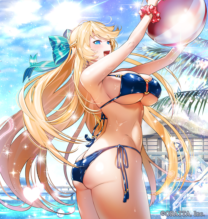 1girl, :d, arms_up, ass, ball, bangs, beachball, bikini