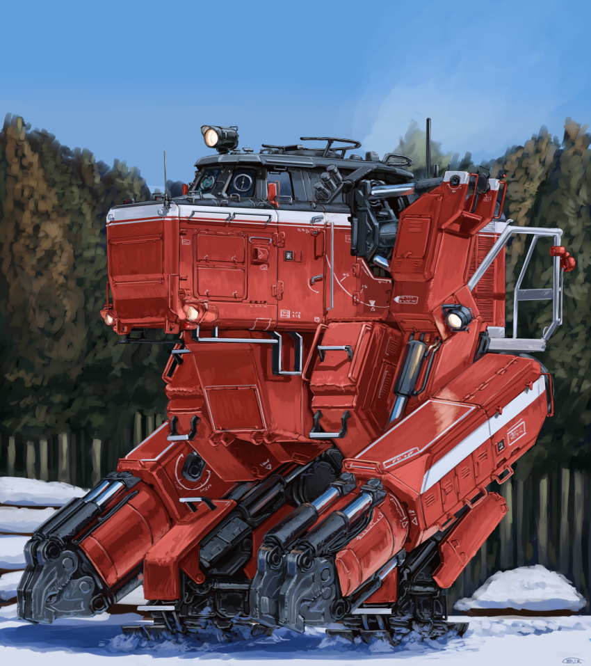 absurdres, blue_sky, commentary_request, forest, highres, hozumi_(ouchan), mecha, nature