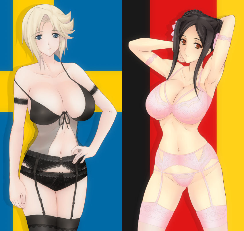 2girls, armpits, black_bra, black_hair, black_legwear, black_panties, blonde_hair, blue_eyes