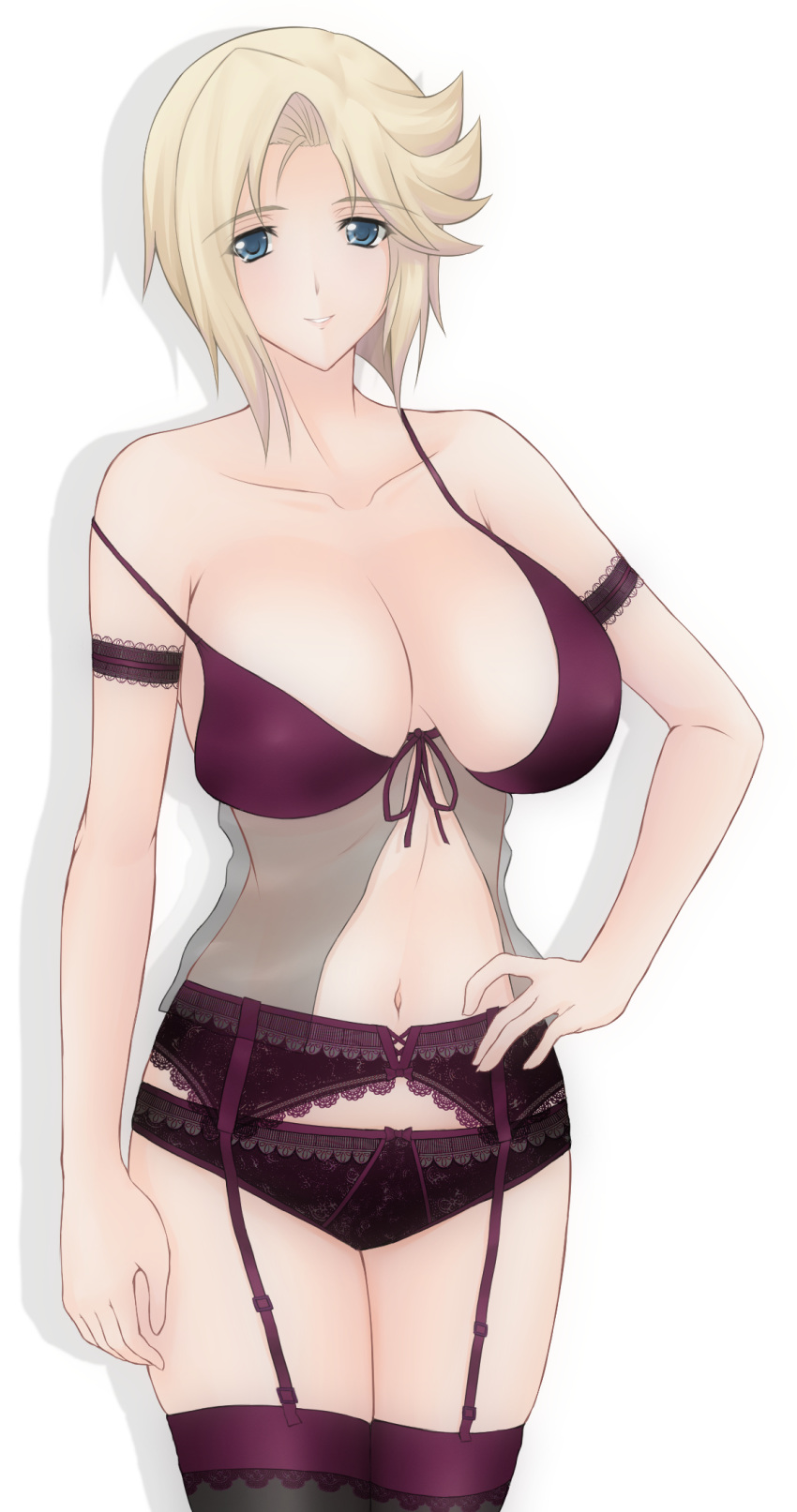 1girl, armband, black_legwear, black_panties, blonde_hair, blue_eyes, bra, breasts