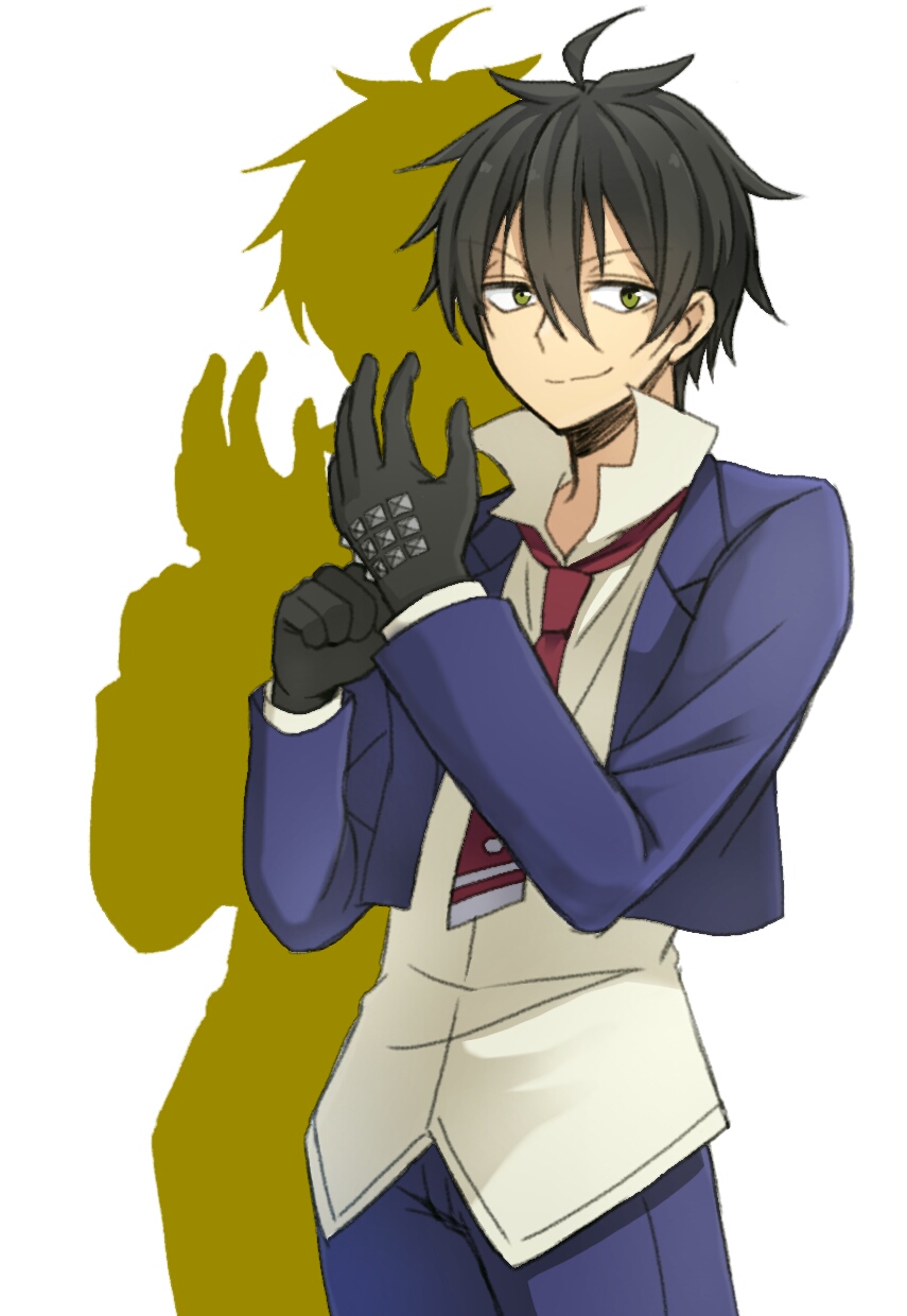 1boy, ahoge, black_gloves, black_hair, blue_pants, busou_shoujo_machiavellism, gloves, green_eyes