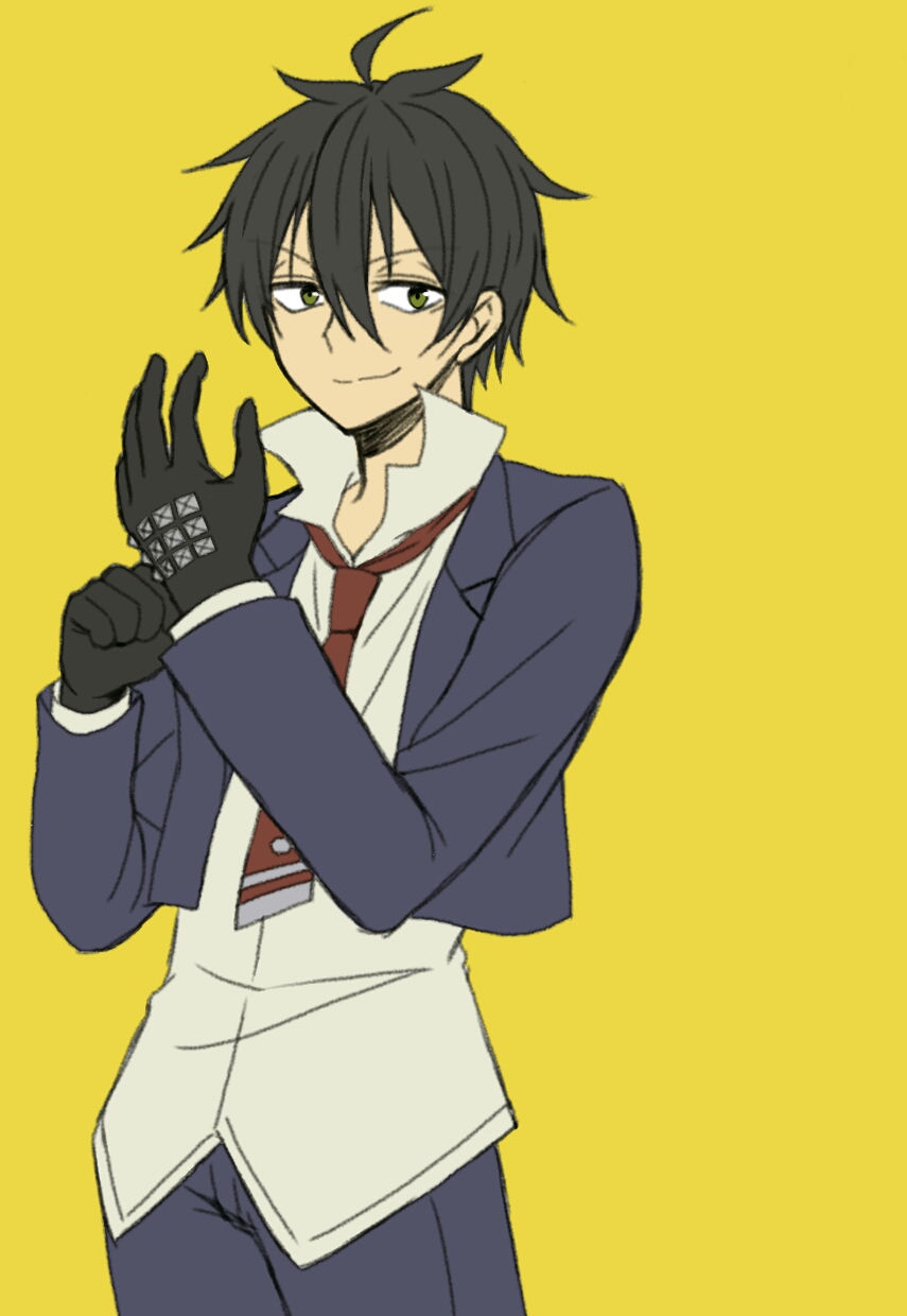 1boy, ahoge, black_gloves, black_hair, blue_pants, busou_shoujo_machiavellism, flat_color, gloves
