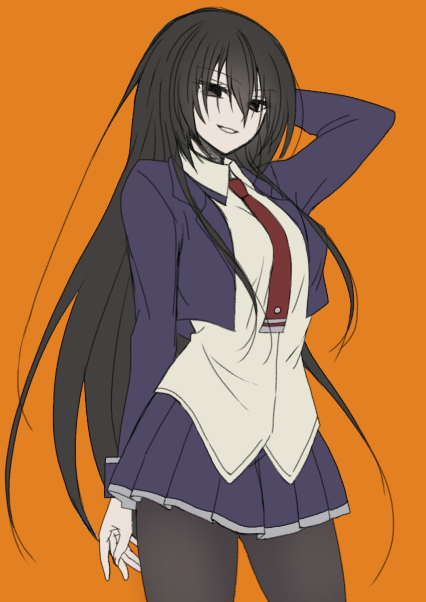 1girl, :d, amou_kirukiru, arm_behind_head, black_hair, black_legwear, busou_shoujo_machiavellism, flat_color, grin, highres, long_hair, looking_at_viewer, necktie, open_mouth, orange_background, pantyhose, pleated_skirt, simple_background, skirt, smile, solo, very_long_hair, yuuki_sudachi