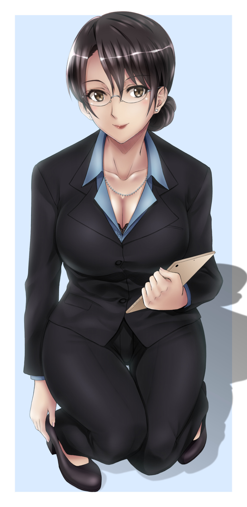 1girl, absurdres, adjusting_clothes, adjusting_shoe, black_bra, black_hair, black_shoes, bra, bra_peek, breasts, brown_eyes, brown_hair, cleavage, earrings, formal, glasses, green_kaminari, hair_between_eyes, hair_bun, highres, jewelry, kikuchihara_aki, large_breasts, lips, lipstick, makeup, pant_suit, re:creators, shoes, smile, solo, squatting, suit, tablet, thigh_gap, underwear