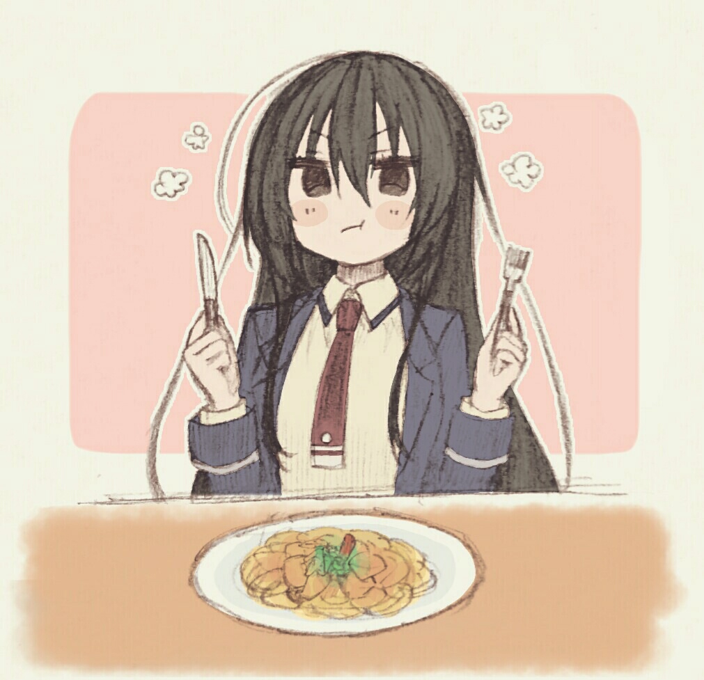 1girl, :t, amou_kirukiru, black_hair, blush_stickers, busou_shoujo_machiavellism, eating, feet, fork, hair_between_eyes, knife, long_hair, necktie, plate, school_uniform, yuuki_sudachi