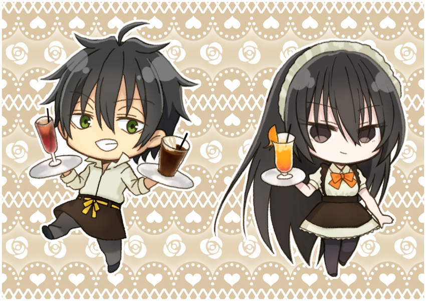 1boy, 1girl, ahoge, amou_kirukiru, apron, black_eyes, black_hair, black_legwear