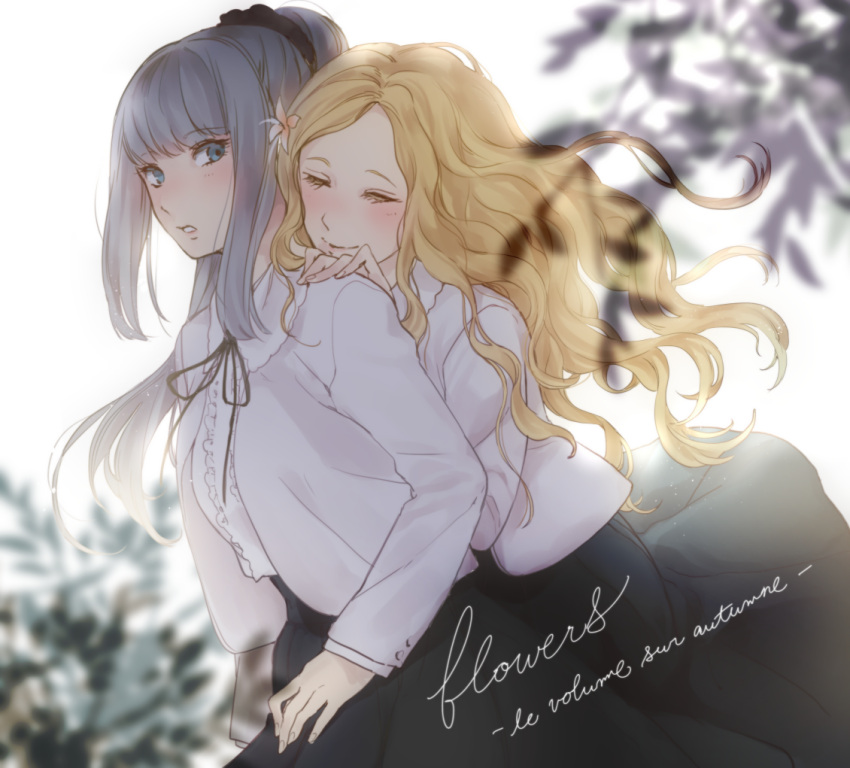 2girls, bangs, blonde_hair, blush, chiyo_(min0yoko), closed_eyes, closed_mouth, copyright_name