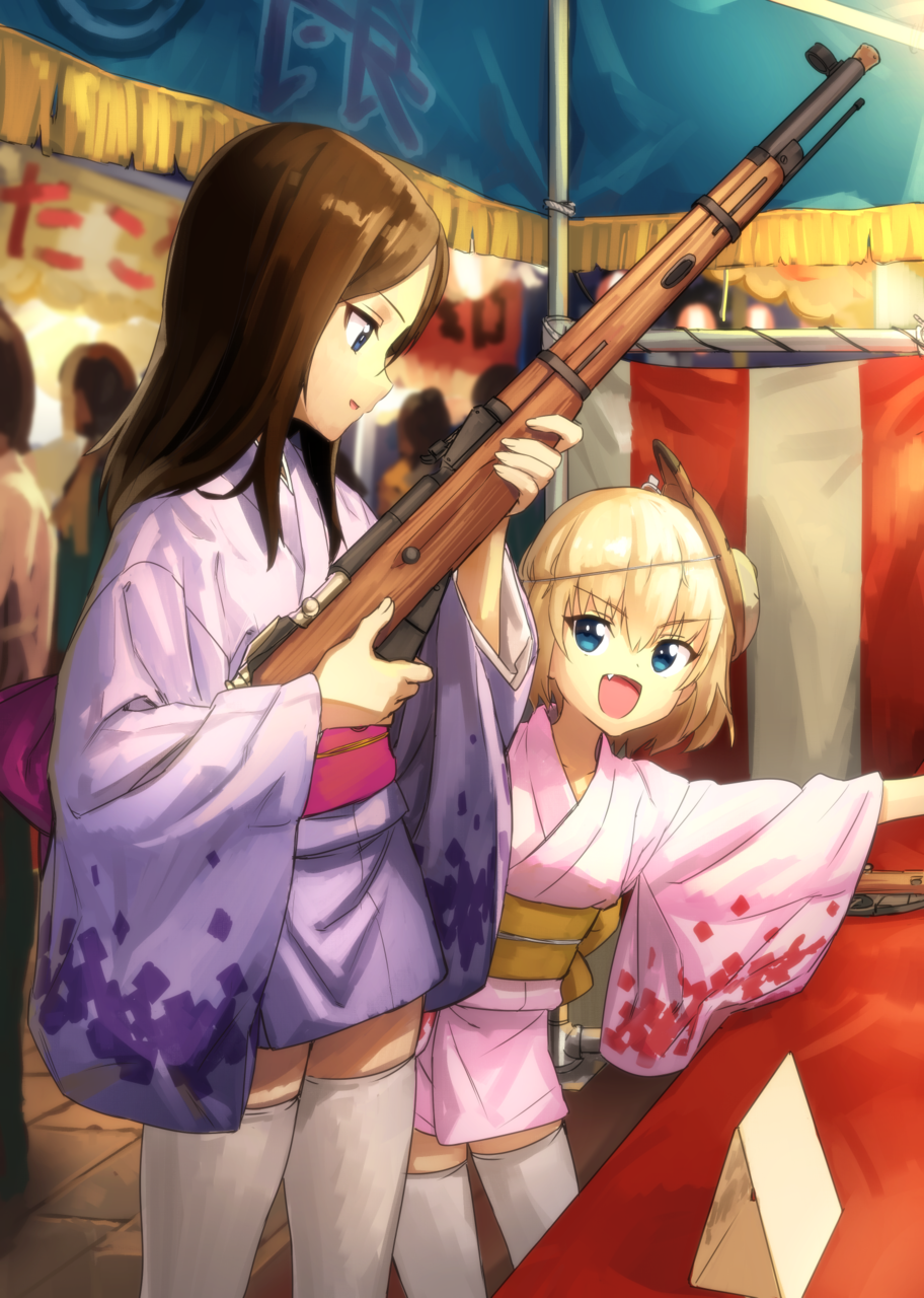 >:d, 2girls, :d, bear_mask, blonde_hair, blue_eyes, brown_hair, commentary_request, fang, festival, girls_und_panzer, gun, highres, japanese_clothes, katyusha, kawakami_rokkaku, kimono, long_hair, mask, mask_on_head, multiple_girls, nonna, obi, open_mouth, outstretched_arm, sash, short_hair, short_kimono, smile, thigh-highs, weapon, white_legwear, wide_sleeves, yukata