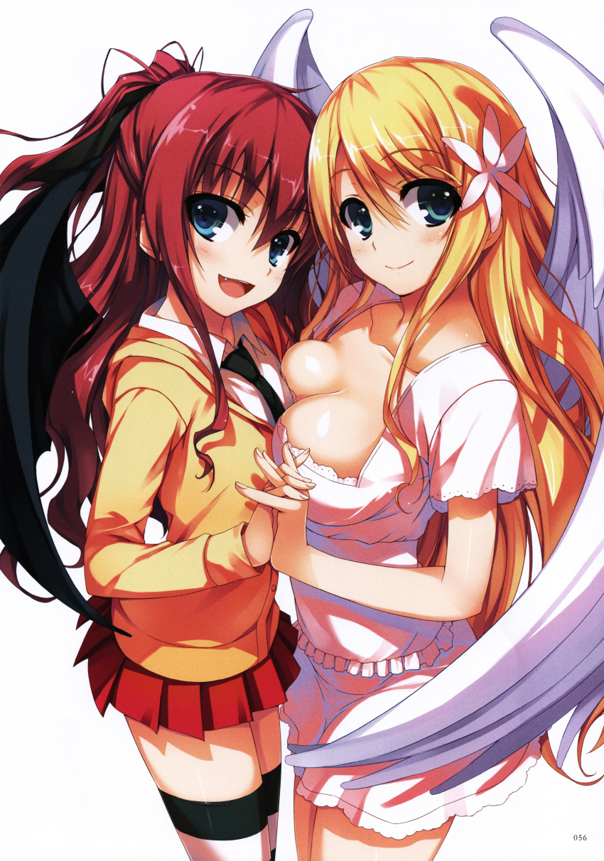 2girls, absurdres, angel_and_devil, angel_wings, blonde_hair, blue_eyes, blush, breast_press