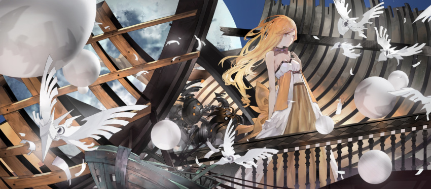 1girl, bird, blonde_hair, brown_skirt, closed_mouth, dress, fantasy, floating_hair