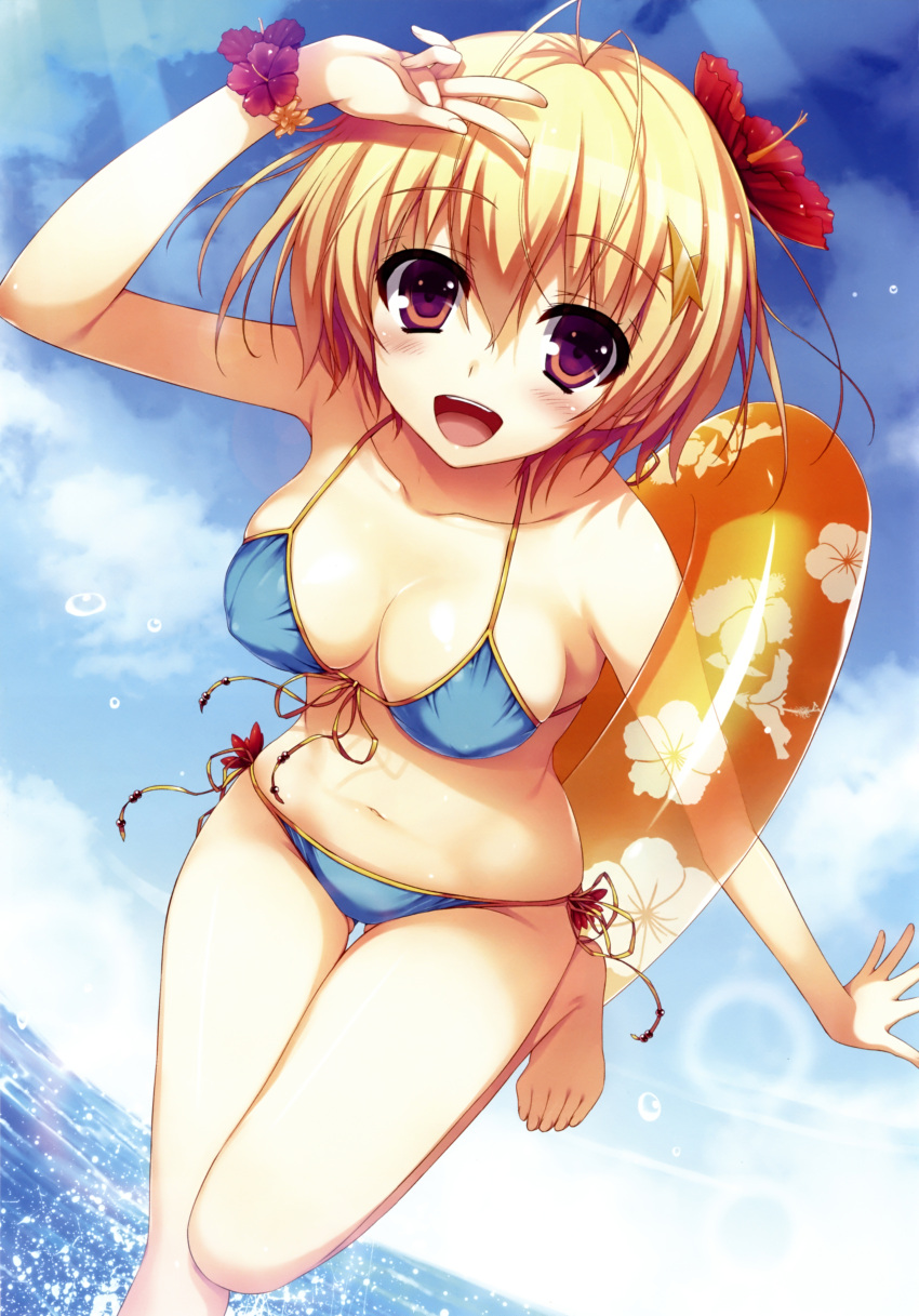 1girl, :d, absurdres, antenna_hair, bare_shoulders, barefoot, bikini, blonde_hair